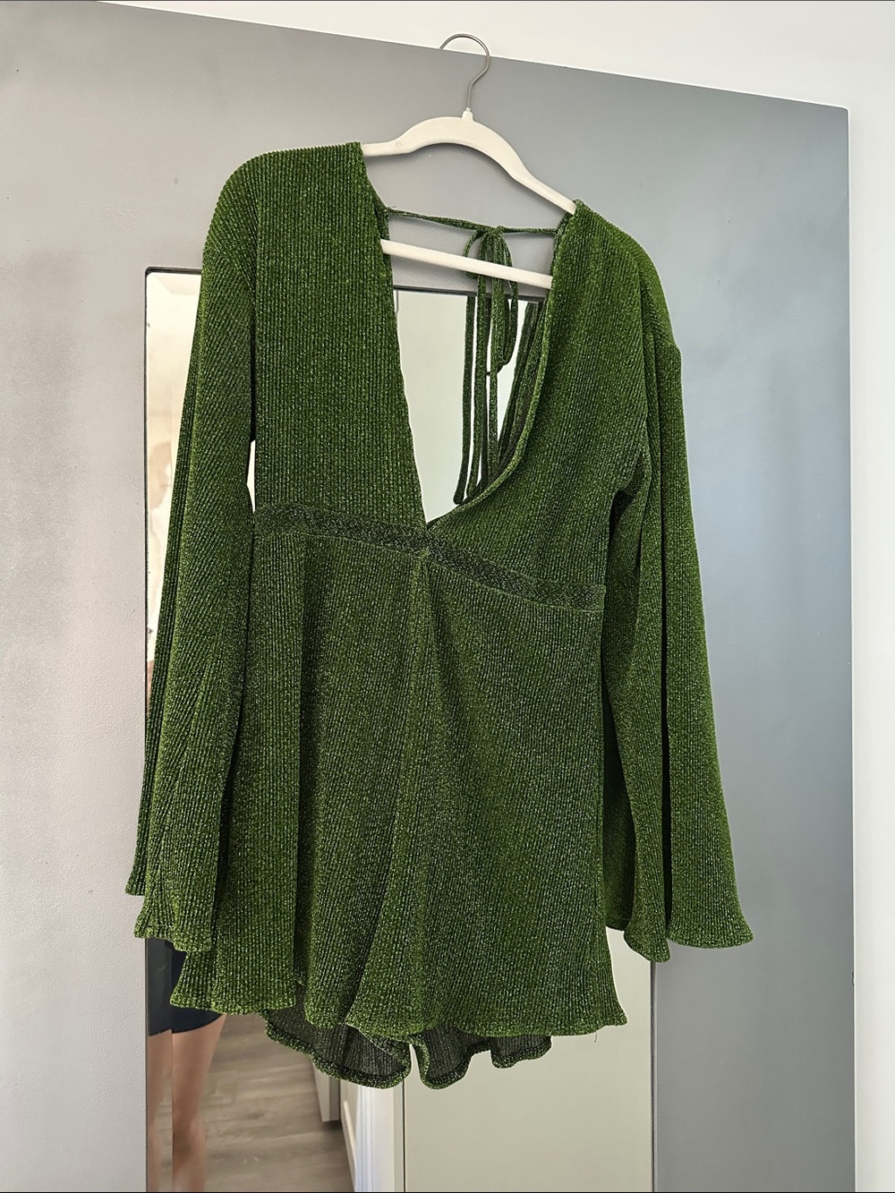 Prettylittlething Green V-Neck Long Sleeve romper with Back Tie